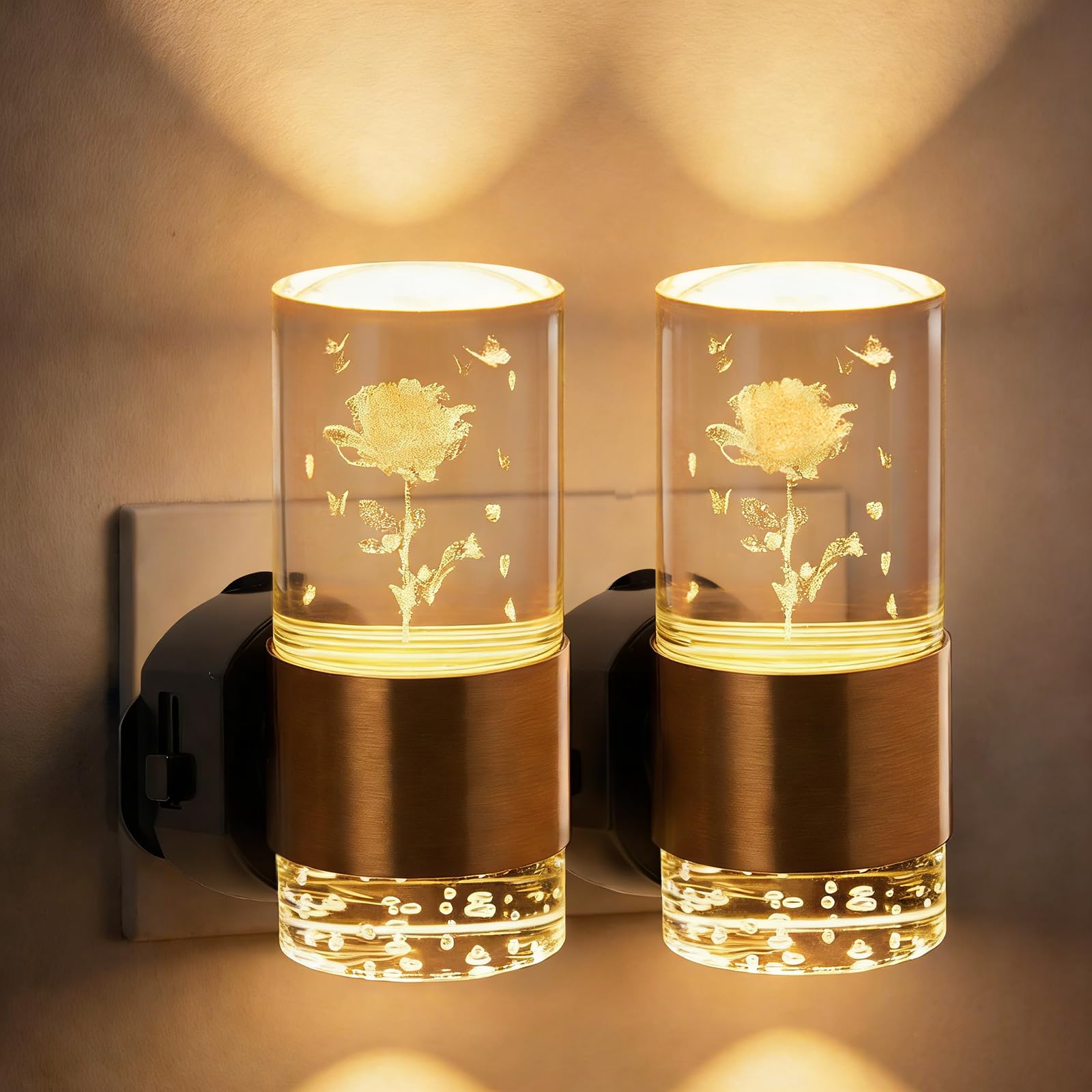 2 Pack Night Light Plug in Wall Acrylic Night Light Dusk to Dawn Nightlight Adjustable 3 Colour Temperature (3000K/4500K/6000K) Rose Shape Plug in Night Light for Hallway, Bathroom, Stair, Bedroom