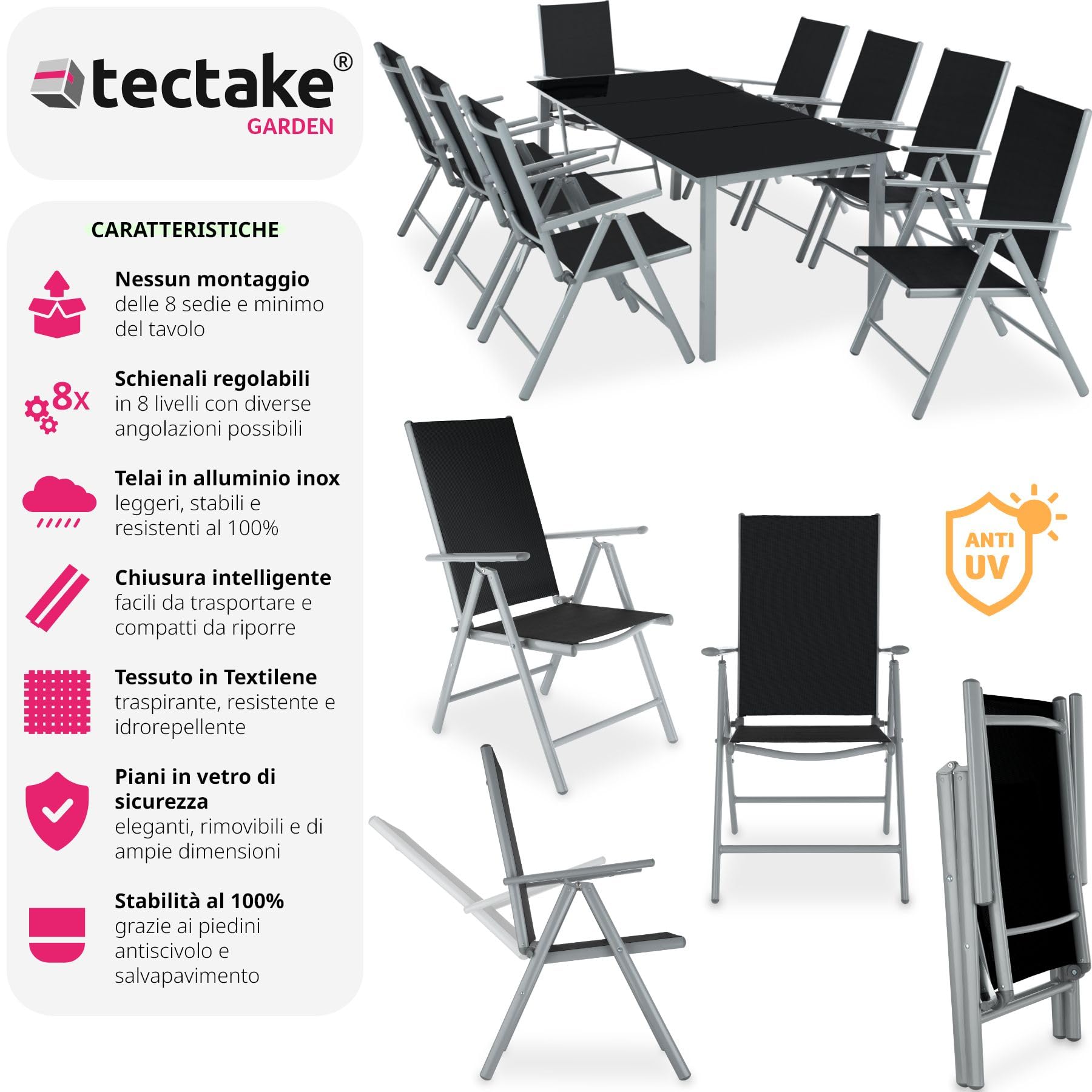 Tectake Set mobili da giardino tavolo massiccio con lastra di vetro di sicurezza telaio alluminio 8 sedie confortevoli grigio chiaro