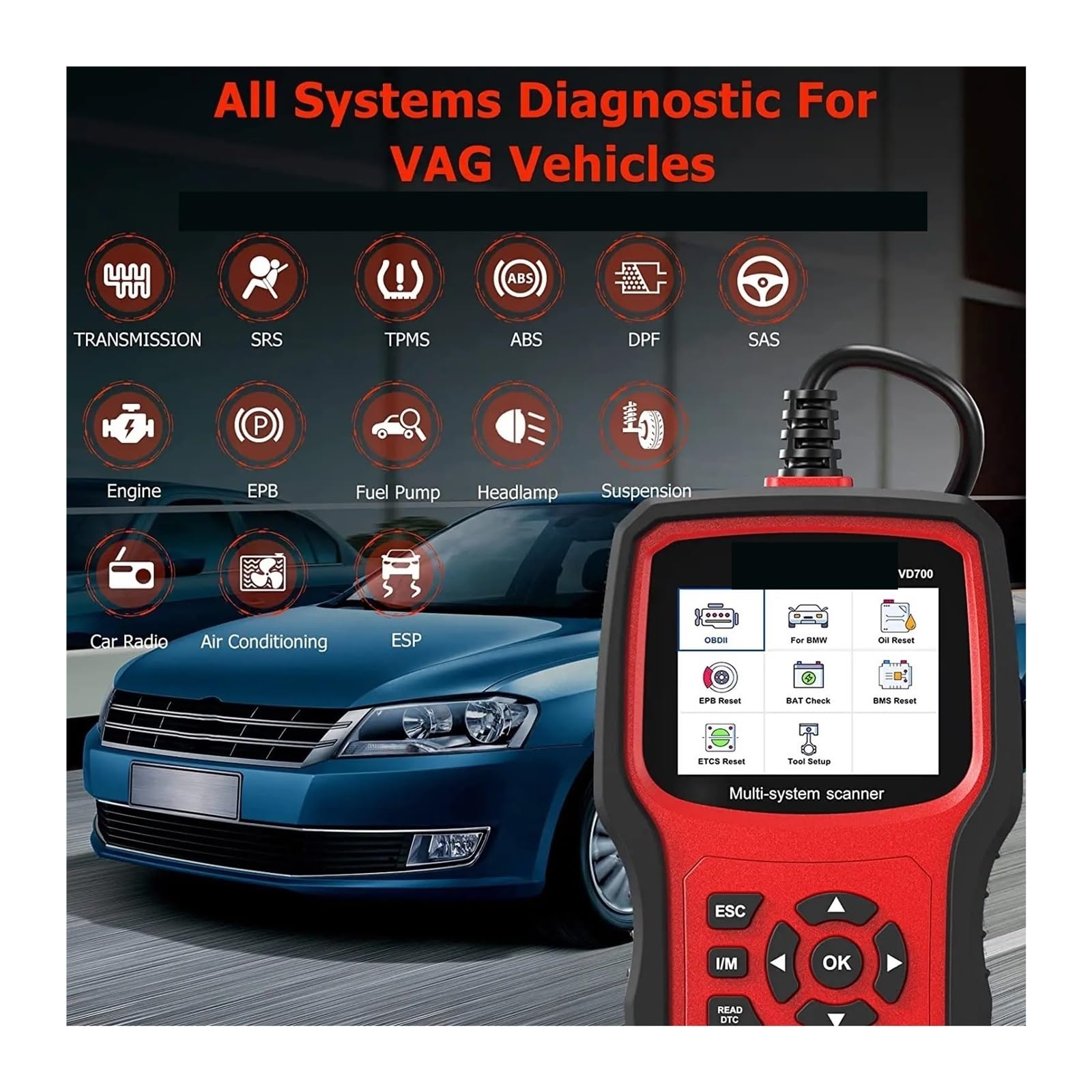 VD700 All System OBD2 Scanner Airbag Reset OBD 2 Narzędzia diagnostyczne samochodu,Przyjazny dla użytkownika