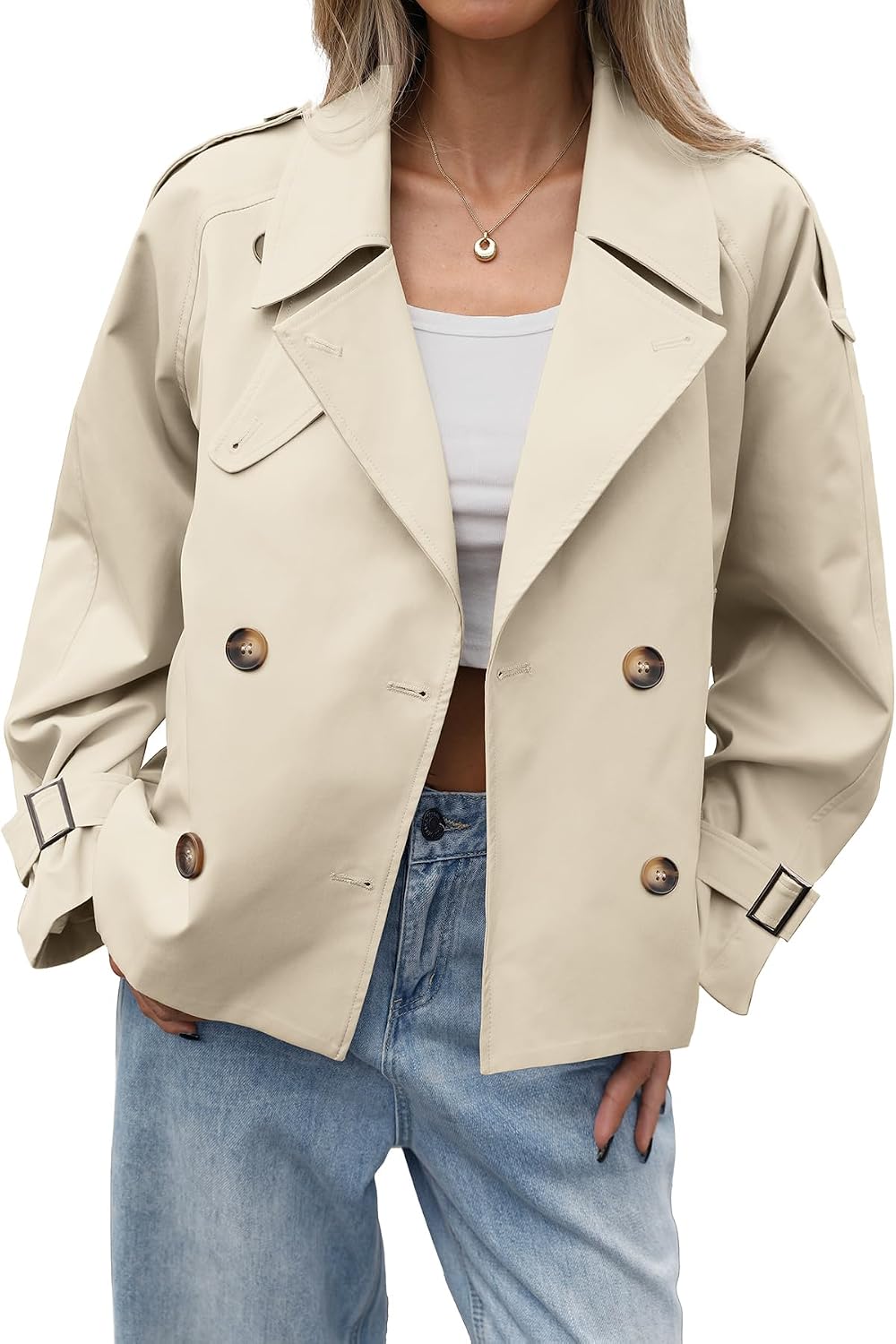 ELLEVEN Womens Cropped Trench Coat Double Casual Breasted Fall Jacket