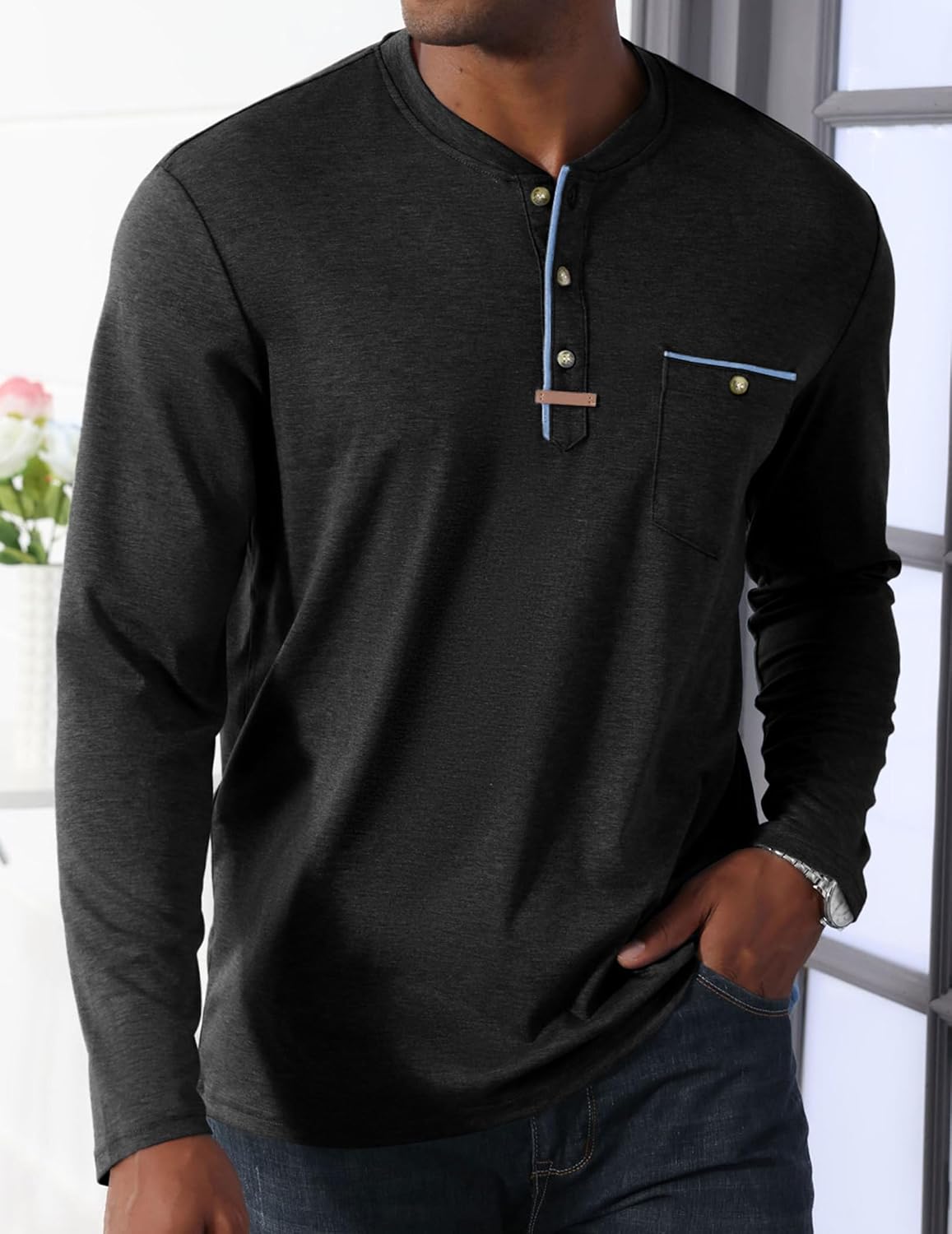 Mens Athletic Henley Shirts Casual Lightweight Long Sleeve Button Pullover with Pocket - Image 3