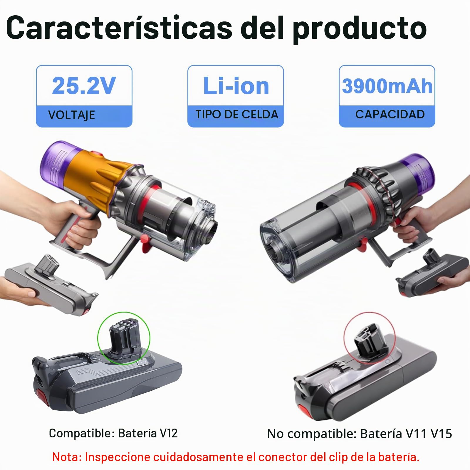 Batería de Repuesto de Iones de Litio Dyson V12 de 25,2 V y 3900 mAh, Compatible con aspiradora de Mano Dyson V12 Detect Slim SV20 SV30 SV35 SV46 965470-01 484607 (botón Rojo de Clic).