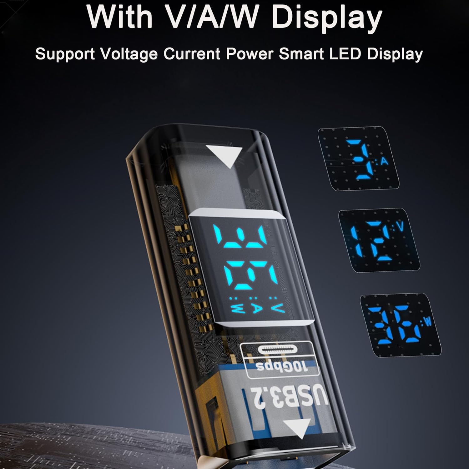 Close-up of the URANT USB3.2 to Type C Converter's LED display showing voltage, amperage, i wattage lectures.