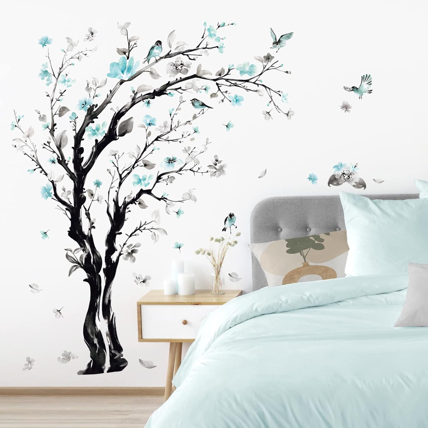 decalmile Large Watercolor Tree Wall Decals Blue Flower Branch Wall Stickers Living Room Bedroom Kitchen Wall Decor(H:63/48 Inches)