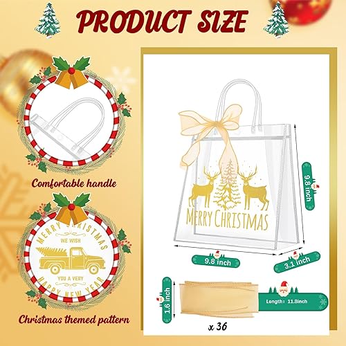 Miniatura 2 de Paterr 36 bolsas de regalo transparentes de Navidad con cinta, bolsas reutilizables transparentes para fiesta con asas, bolsas de regalo
