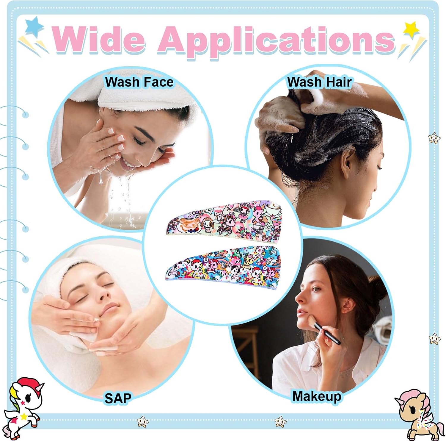 Tokidoki 2 Pack Unicorno Microfiber Hair Towel, 23.6"X10" Cartoon Hair Towel Wrap for Women, Super Absorbent Soft Hair Drying Towel for Curly Hair Long Hair