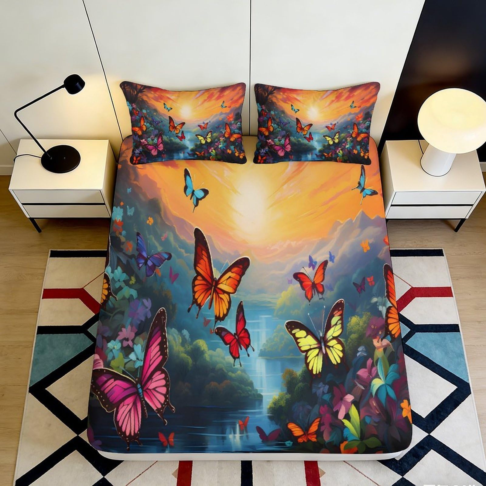 3D Printed Butterfly Sunset Fitted Sheet Microfiber Soft Colorful Waterfall Bed Cover for Bedroom Guest Room Decor 160x200x25cm