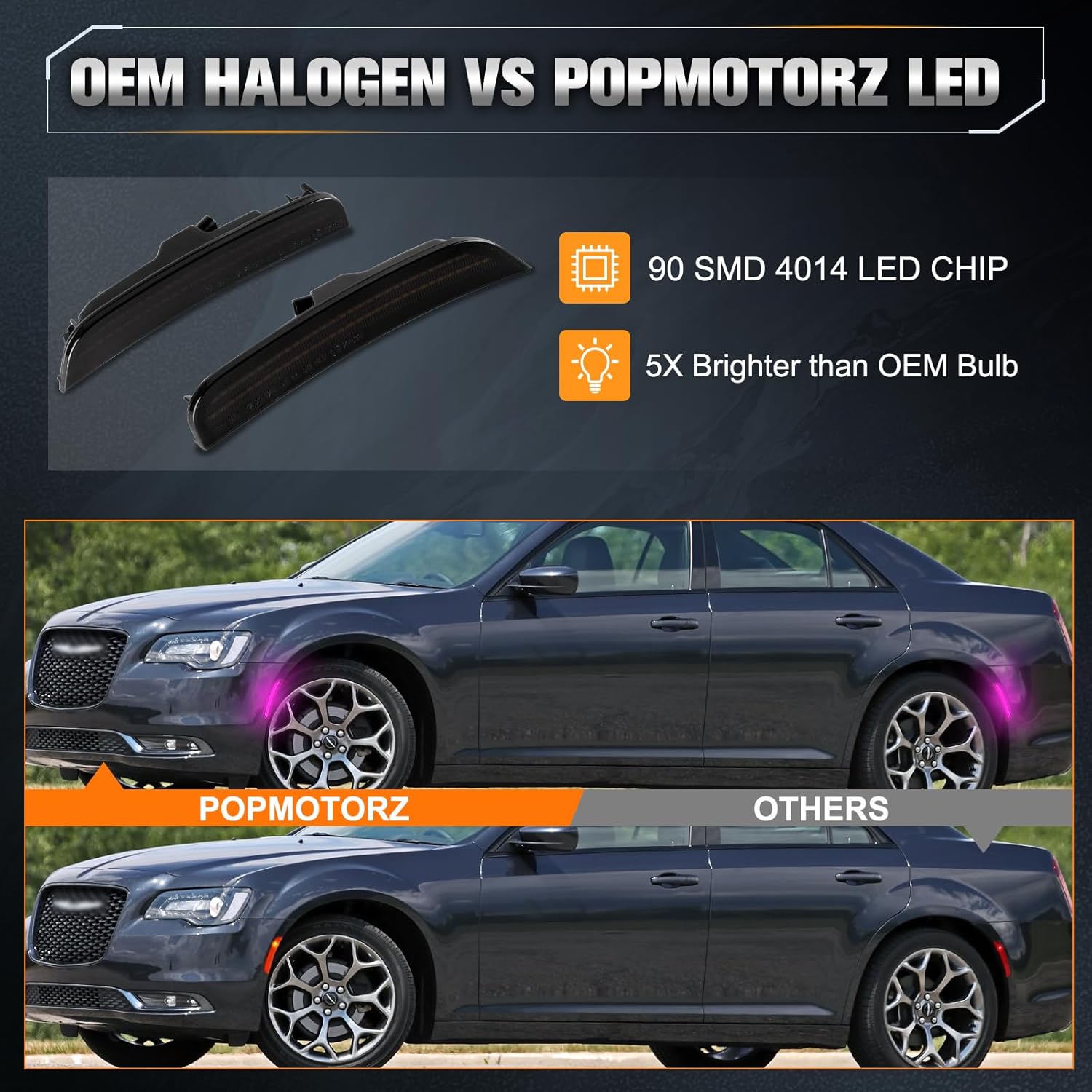 POPMOTORZ Front Rear Fender LED Side Marker Lights Compatible With 2015 2016 2017 2018 2019 2020 2021 2022 2023 2024 Chrysler300 LED Side Marker Lamps Smoked Lens Pink Purple 4 Pack