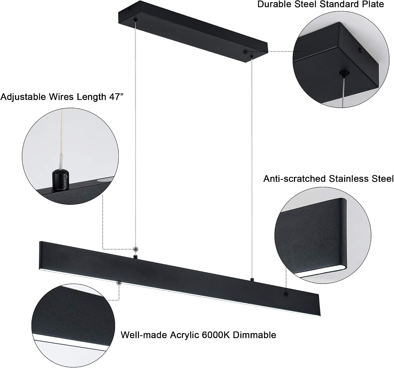 Modern Linear Led Pendant Light - 1 Ring Integrated Led Hanging Light Fixture for Office, Kitchen Island, Bar, Dining Room - 30W 6000K Not-dimmable - 41.34" L x 47" H (Black)