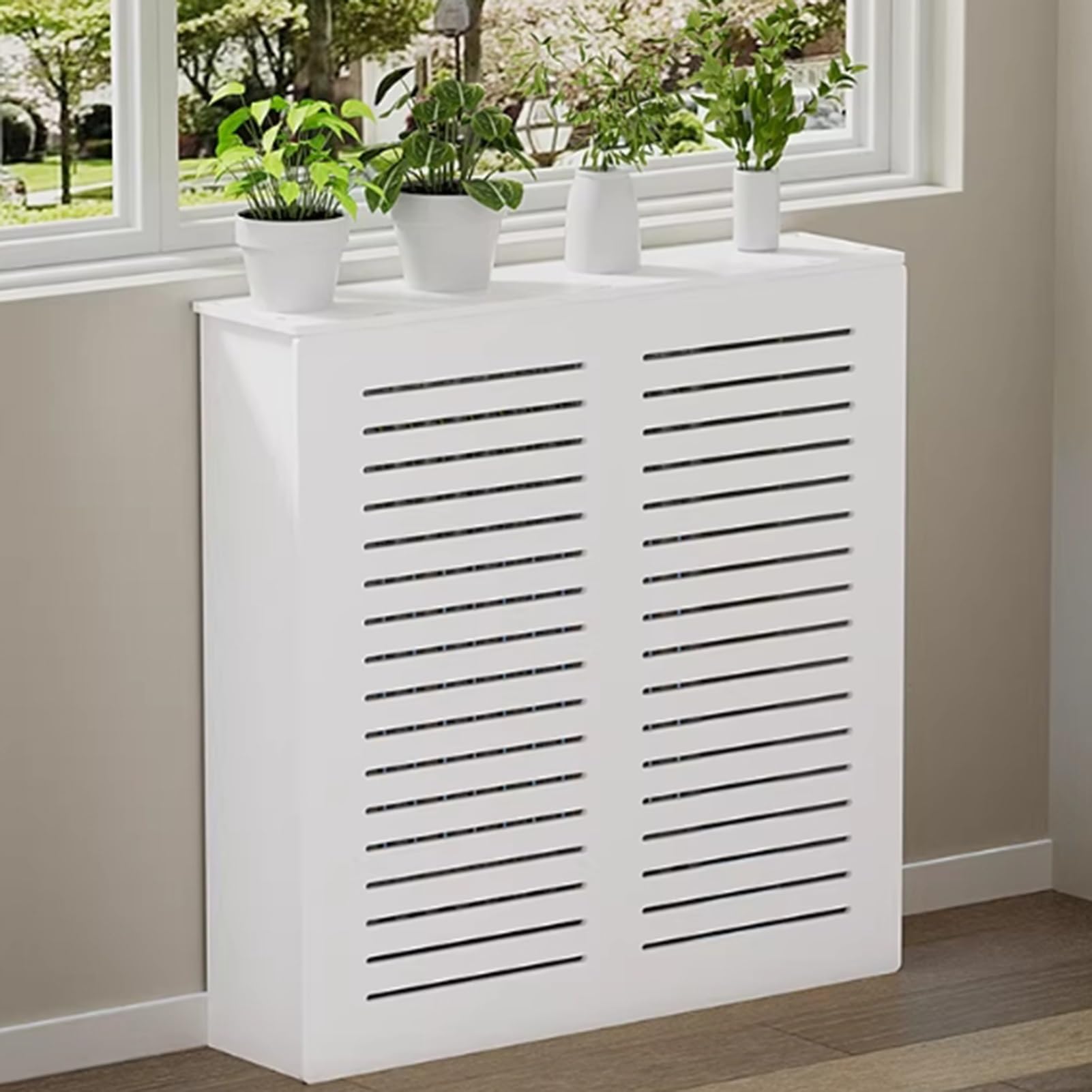 Photo 1 of HHFSST White Modern Radiator Cover, Decoration Radiator Covers for Home Heater Storage Shelf Hide Cluttered Pipes for Living Room Bedroom Bathroom Cabinet Easy Assembly (White, 23.6" Lx27.5 Hx7.9 D)