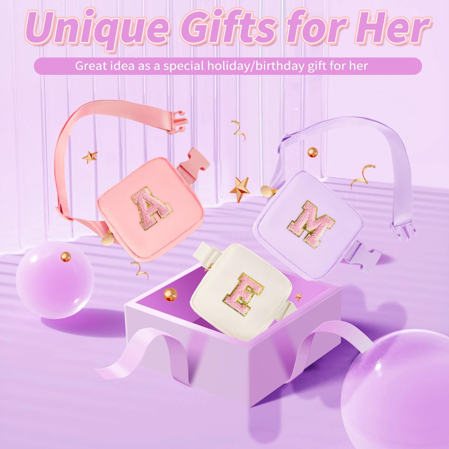 Gifts for Grandkids - Initial Purse Fanny Pack Crossbody Bag Mini Travel Bag,Birthday Gift for 2 3 4 5 6 7 8 9 10 11 Year Old Teen Girls - Lavender,M - Image 7