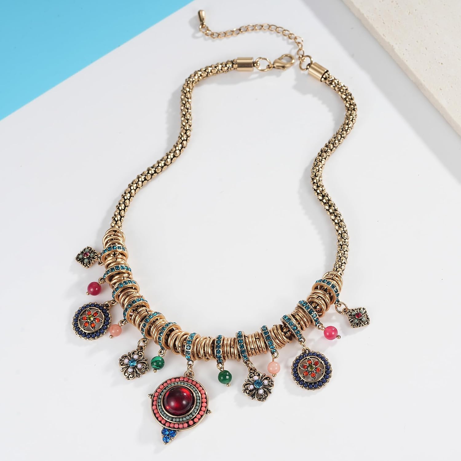 SUNLAND Bohemian Multicolor Round Pendants Enamel Rhinestone Ethnic Necklace for Women