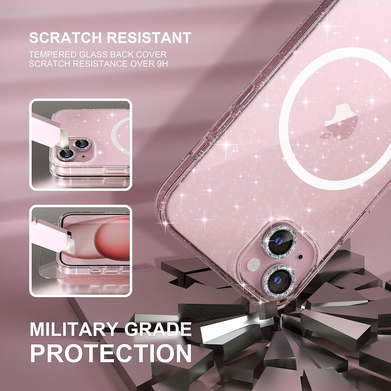 Choiche Compatible for iPhone 15 Case Magnetic, Women Clear Glitter Bling Sparkly Case, [2xDiamond Camera Lens Protectors] [2xTempered Glass Screen Protectors] [Compatible MagSafe] (Glitter Clear) - Image 5