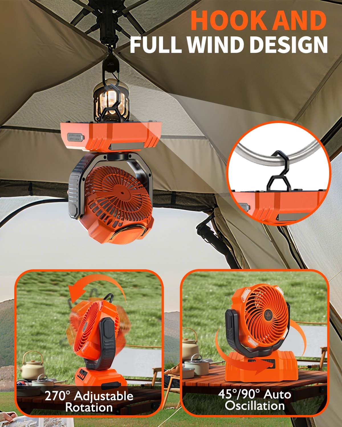 Trongle Ventilatore da campeggio con luce a LED e telecomando, 10000 mAh, ventilatore da tavolo ricaricabile auto-oscillante con gancio e custodia, ventilatore USB portatile, 4 velocità, timer