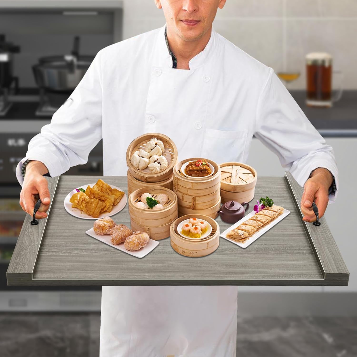 Wood Stove Top Cover, Noodle Board Stove Cover With Handles,Counter Space Top Cover,For Electric & Gas Stove, Rv Stove Burner Cover, Farmhouse Decorative Wooden Tray For Kitchen. (Grey)