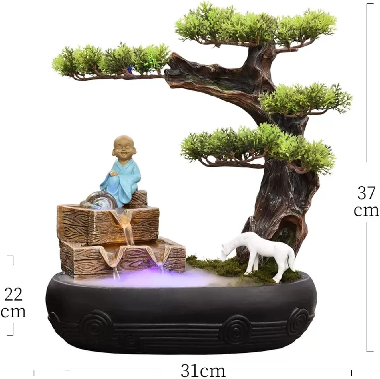 Desktop Fountains Resin Indoor Fountain, Artificial Tree Buddha Statue Tabletop Fountain with Roller Ball, Home Office Desktop Decoration Zen Fountain Home/Office Decor