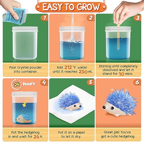 Miniatura 5 de Kit de cultivo de cristal, 2 erizos de colores vibrantes para crecer, kits de ciencia para niños de 6 a 8 años, grandes regalos para niños y niñas
