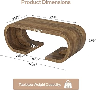 Tribesigns Farmhouse Coffee Table, 47 Heavy Duty C-Shaped Center Table with Curved Base, Large Tea Table for Living Room, Entertainment Room, Home Office, Rustic Brown