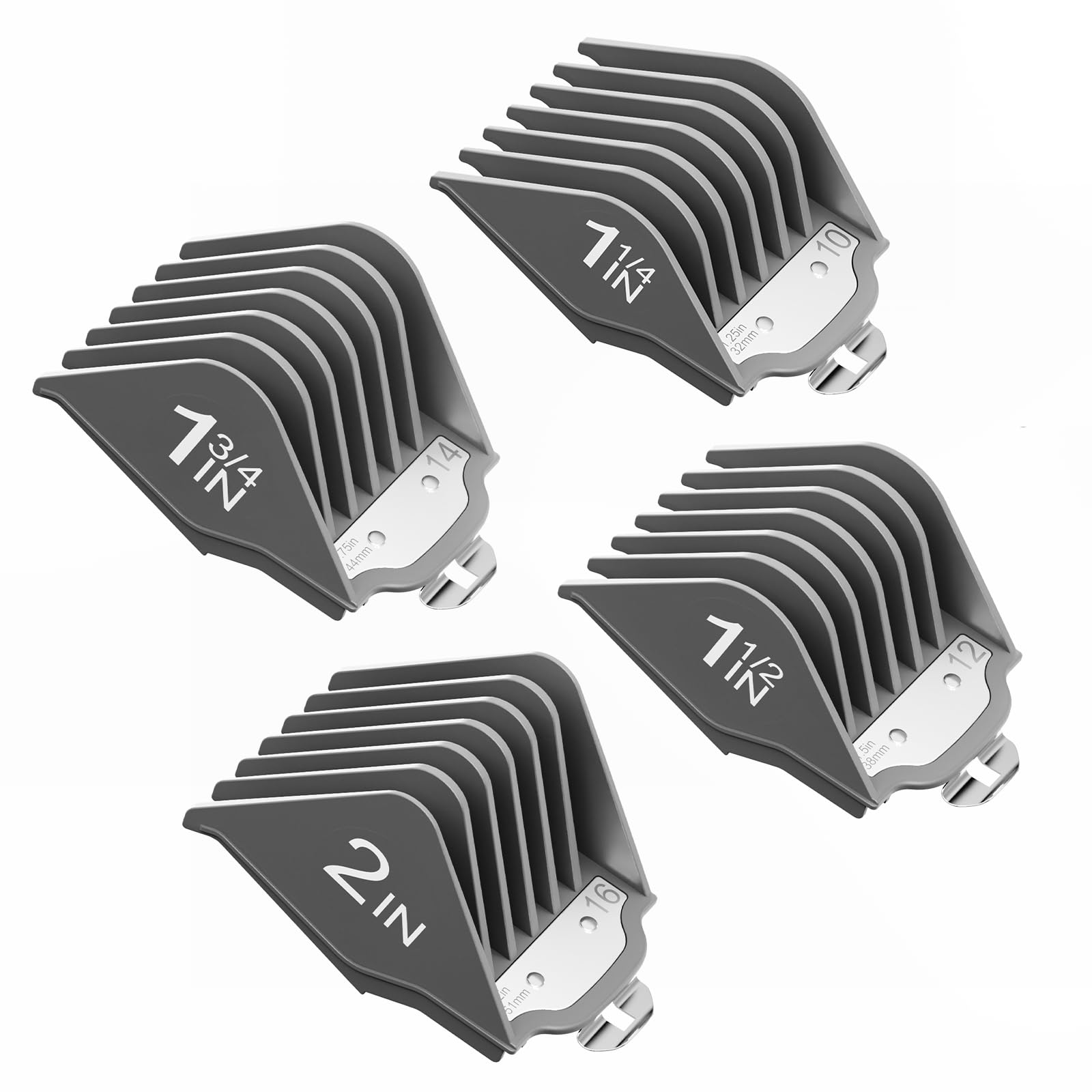 Scherenschutz mit Metallclip, 3,2 cm, 3,8 cm, 4,4 cm, 5,1 cm, kompatibel mit den meisten Haarschneidemaschinen, 4 Stück extra lange professionelle Haarschneidekämme, Führungen 10, 12, 14, 16, Grau