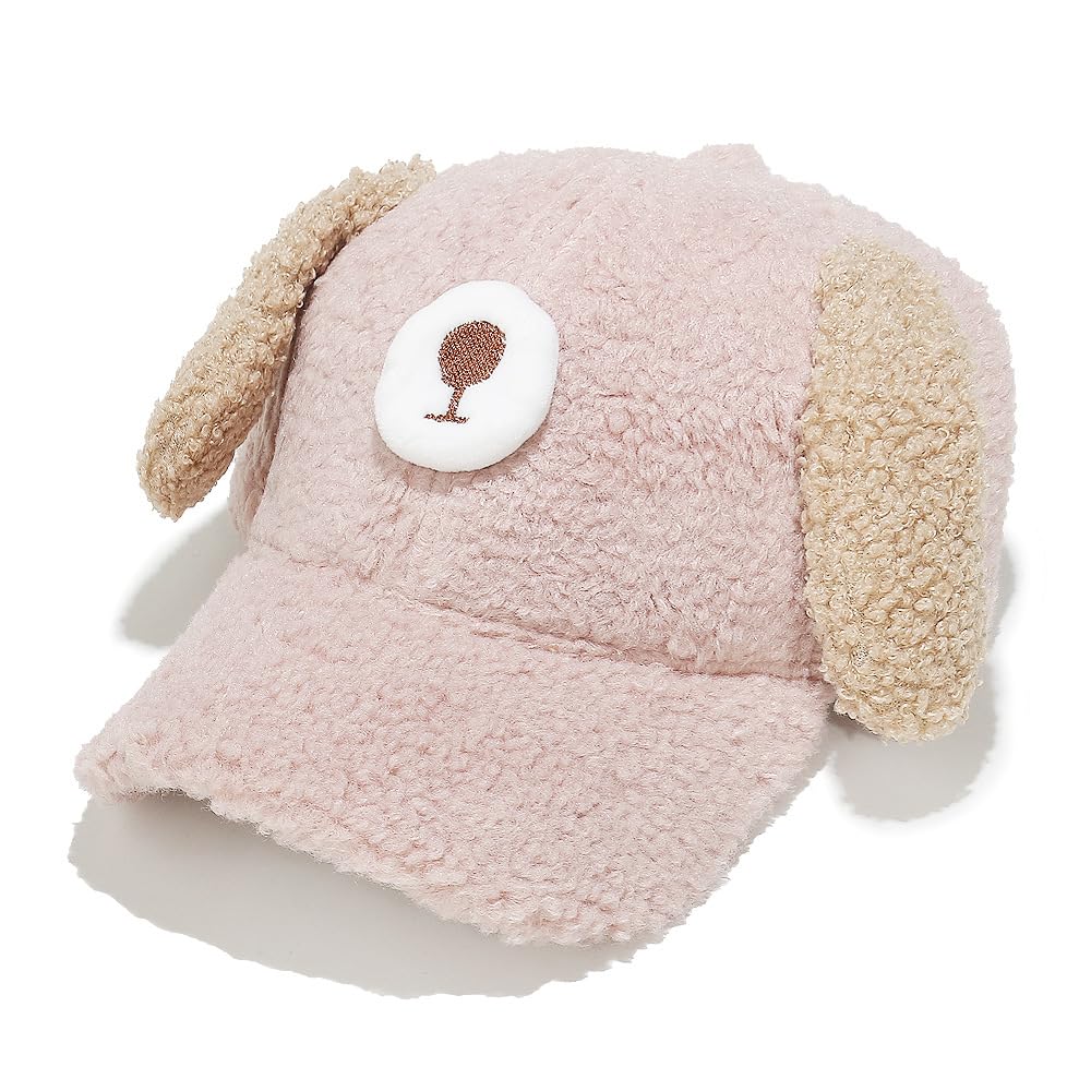 Bonnet d'hiver, Bonnet d'hiver for Femme, Style Baseball, avec Oreilles de Chiot, en Laine d'agneau, Ajustable, Non structuré(Pink)