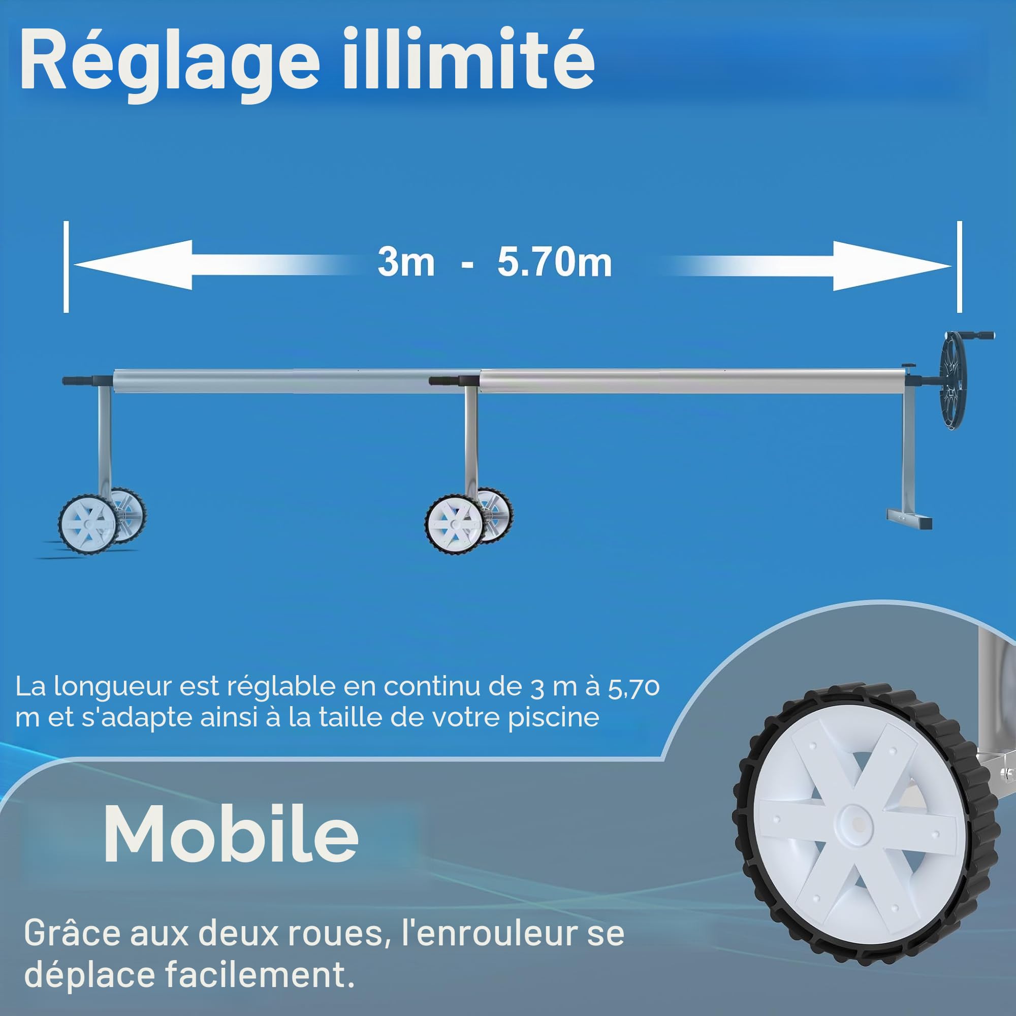 LARS360 Enrouleur de Couverture de Piscine en Aluminium et Acier Inoxydable | 3 m - 5,70 m | Système d'Enrouleurs de Couverture Solaire avec Fixation et roulettes
