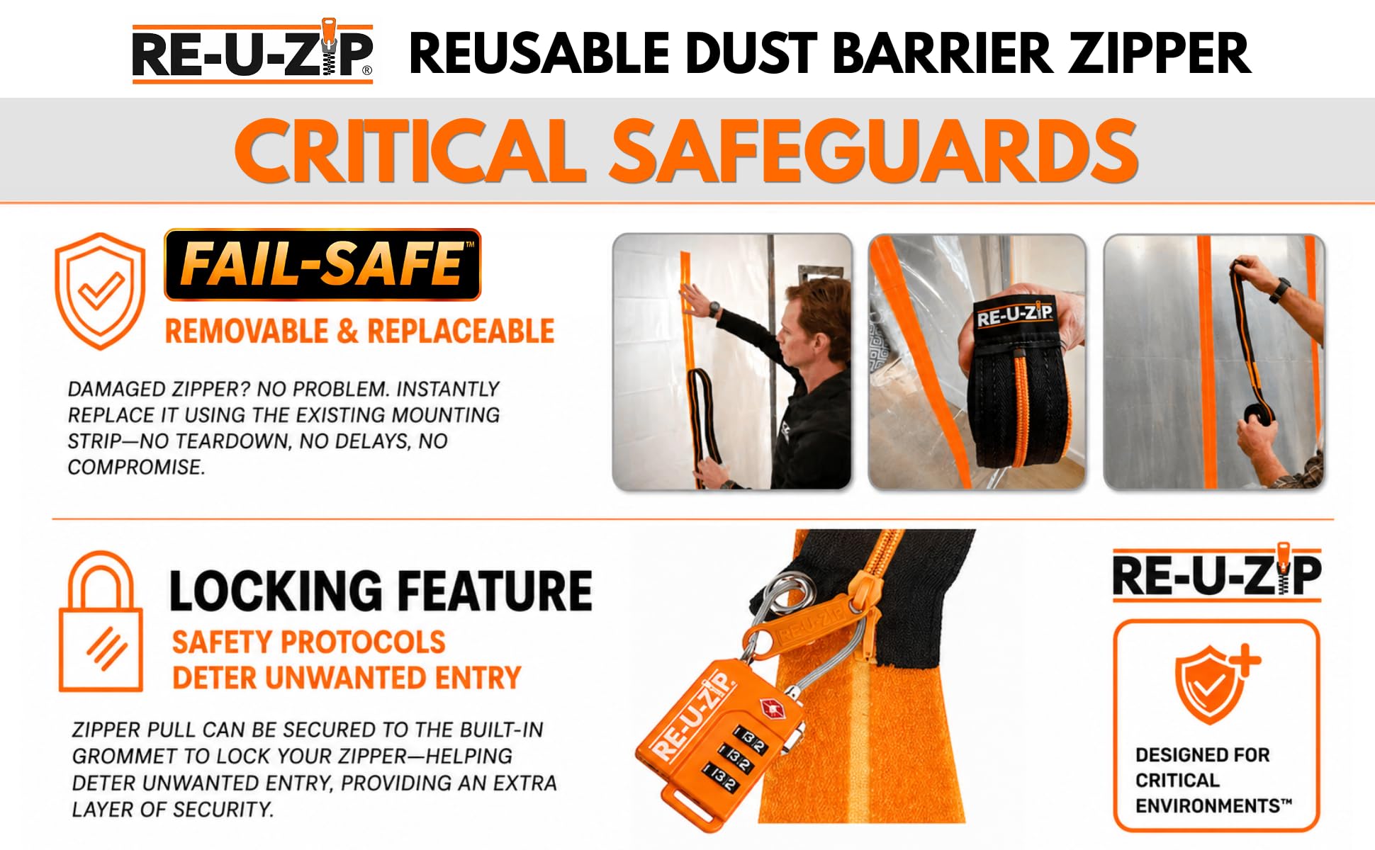 RE-U-ZIP Cremallera de barrera de polvo reutilizable | Paquete Pro – 6 cremalleras naranjas + 12 tiras de montaje + funda de transporte