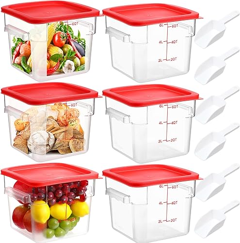 Hsei 6 juegos de recipientes comerciales de almacenamiento de alimentos de 6 cuartos de galón con tapas y 6 cucharas de plástico para congelador,