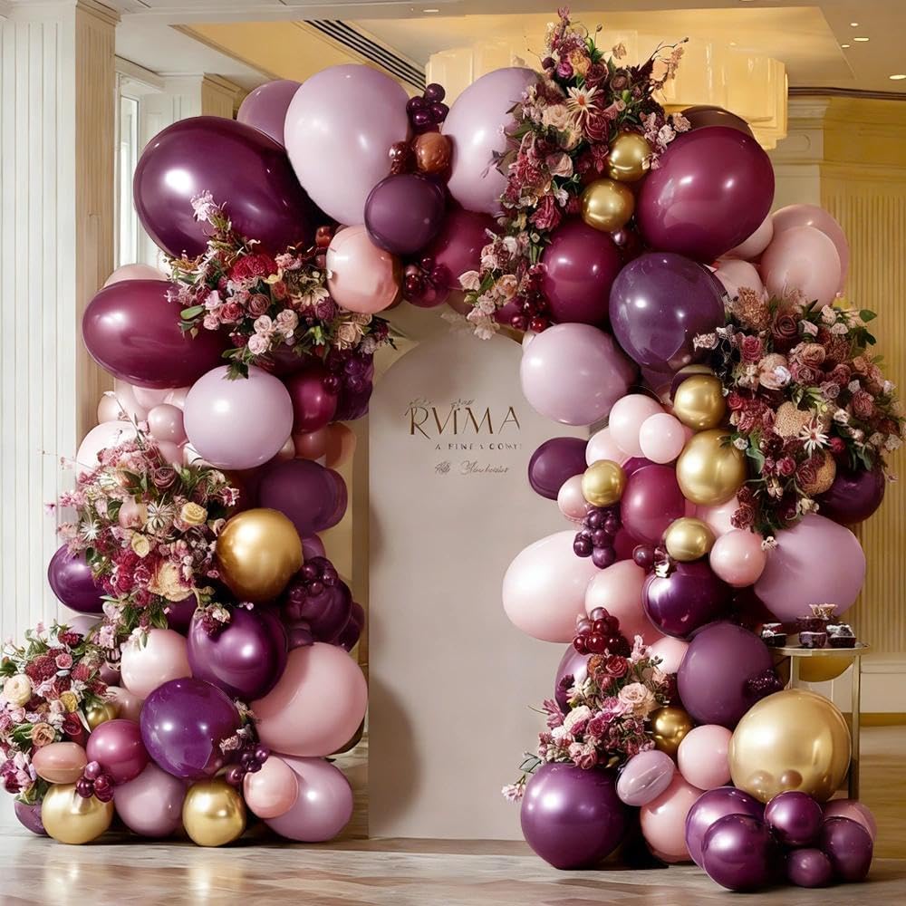 Dunkelviolette und rosa Luftballon-Girlande, doppelt gefüllt, Altrosa, Burgunderrot, Gold, Ballonbogen-Set für Geburtstag, Brautparty, Hochzeit, Valentinstag, Party-Dekorationen