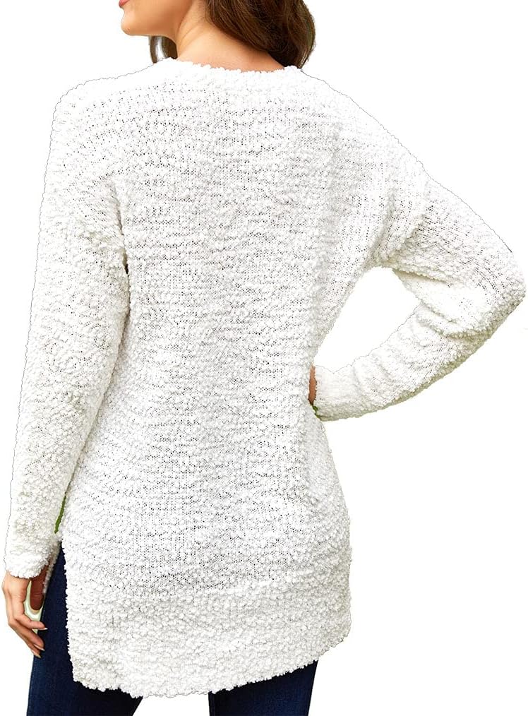 Qearal Women's Long Sleeve Fuzzy Knitted Sweater Popcorn Side Split Loose Pullover Tops - Image 2