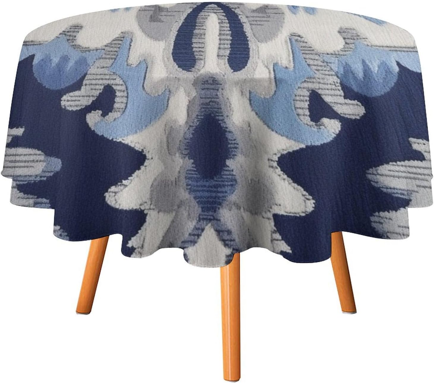 Cheyan Navy Blue Grey and Beige Ikat Pattern Print Round Table Cloth Chinoiserie Asian Circle Tablecloths Washable Table Cover for Indoor Outdoor Use Home Kitchen Dining Patio Picnic Table Decor 70in
