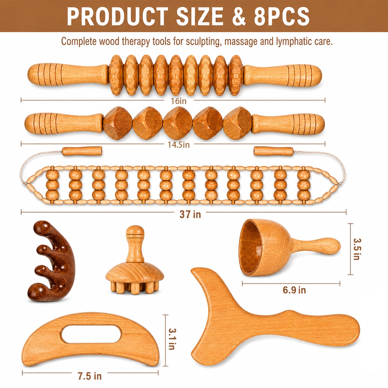 Maderotherapie Set 8 in 1, Holz Massage Set mit Faszienrolle & Faszienstab