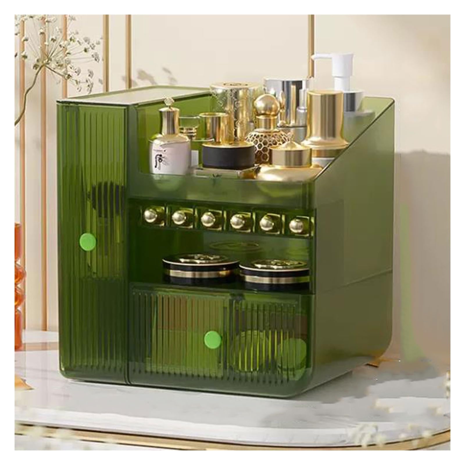 K5C7S3W9D6 Vanity Table Organiser Makeup Organizer Cosmetic Storage Box With Drawers,Fits Lipsticks, Brushes,Jewellery,Make Up Case For Dresser, Bedroom, Bathroom(Green)