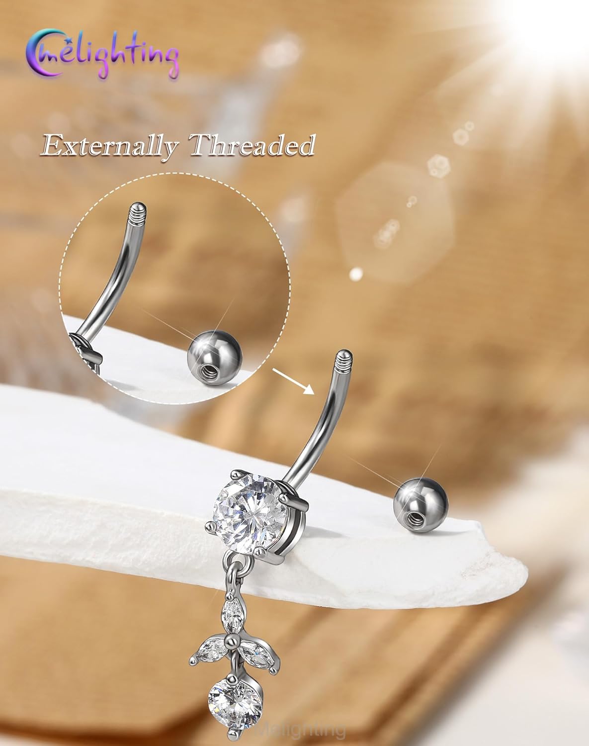 Melighting 14G Dangle Belly Button Ring, Stainless Steel 316L Navel Piercing Barbell, CZ Clear Flower Belly Bar, 10 mm Silver Body Jewellery for Women - Image 5