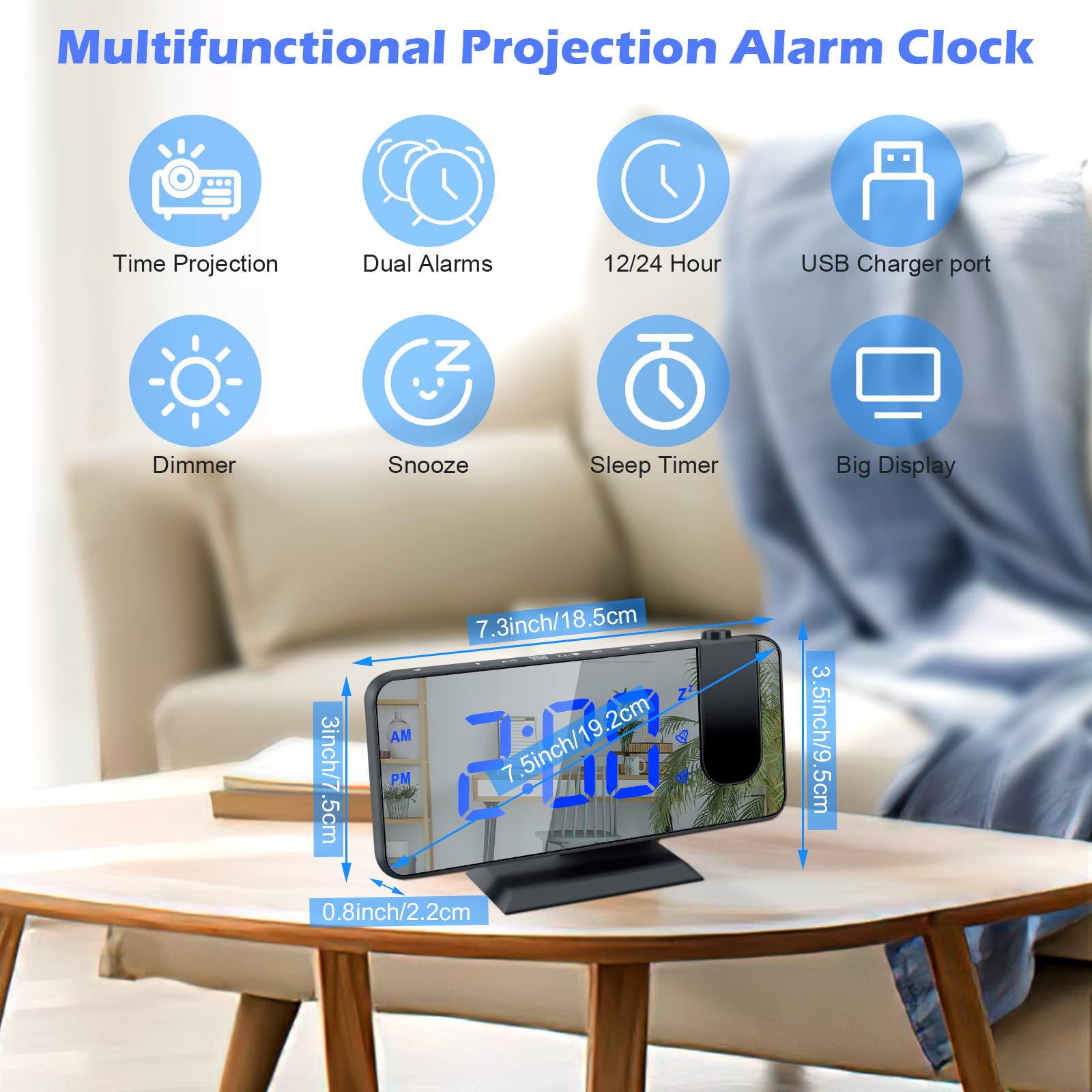 Despertador de Proyección 7.3 Pulgadas Digital 180° Rotativo Despertador Proyector con Pantalla LED de Espejo Temperatura Interior con Puerto de Carga USB 2 Relojes Despertadores 4 Niveles de Brillo