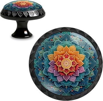 Yiruhe 4 Pack Colorful Mandala Design Kitchen Cabinet Knobs Crystal Glass Round Drawer Pulls for Dresser Cupboard Door Handles