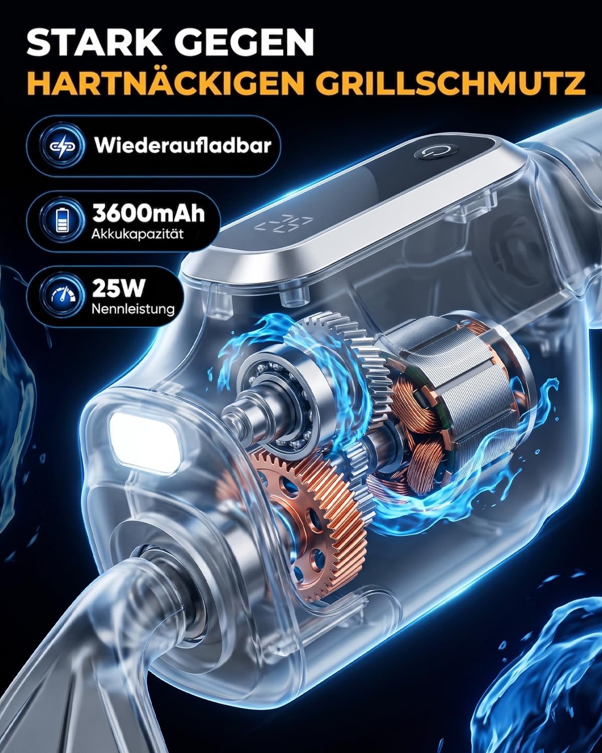 Saker Elektrische Grillbürste, Bürstenfreier BBQ-Reiniger mit Feuerbeständigem Pad, Kabelloser Grillreiniger für Holzkohle-, Pellet- und Flachgrills