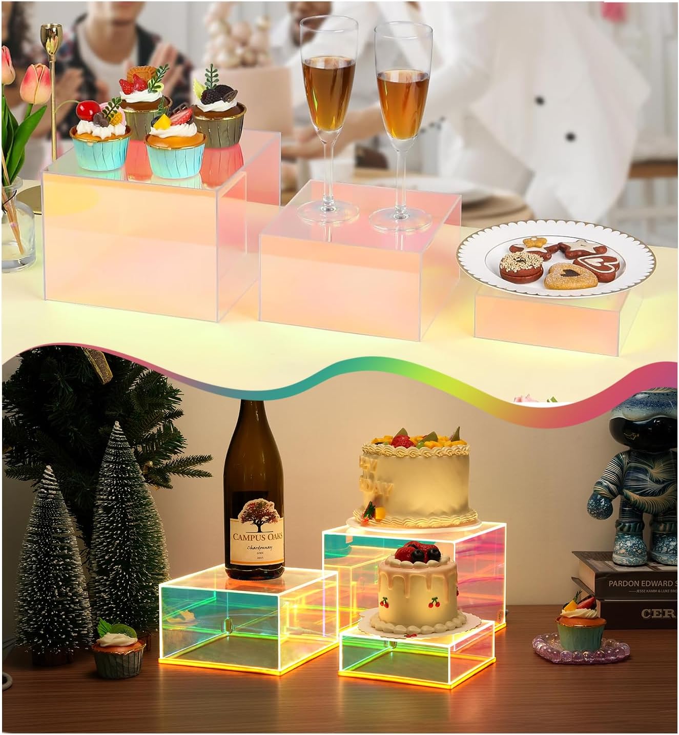 Iridescent Acrylic Display Riser Set: LED Lighted & Non-Lighted Stackable Cubes for Jewelry, Figures, Food Buffet