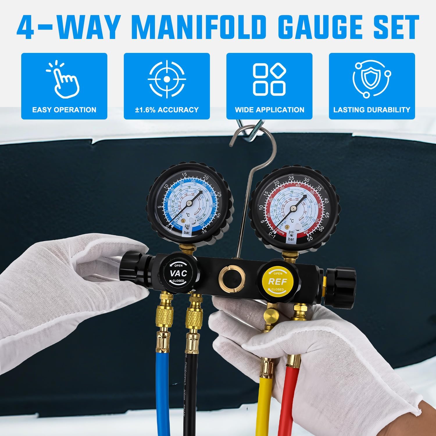 Nilight A/C Manifold Gauge Set Fits for R134a R410A R22 R404A 4-Way Auto HVAC Diagnostic Gauges Refrigerant Recharge kit with Adjustable Couplers 5FT Hoses Universal Can Tap