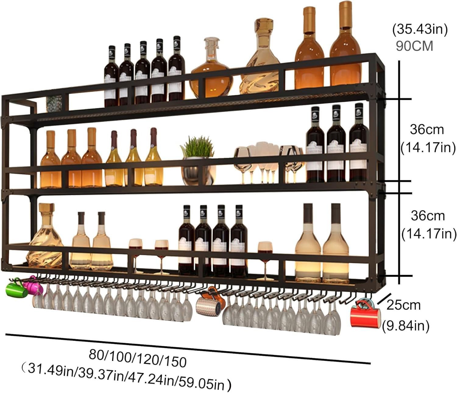 Wall-Mounted Wine Rack with LED Light - Modern 3-Tier Metal Wine Bottle Holder & Glasses Shelf for Home Bar Display (Size: 31.5x9.8x35.4in)