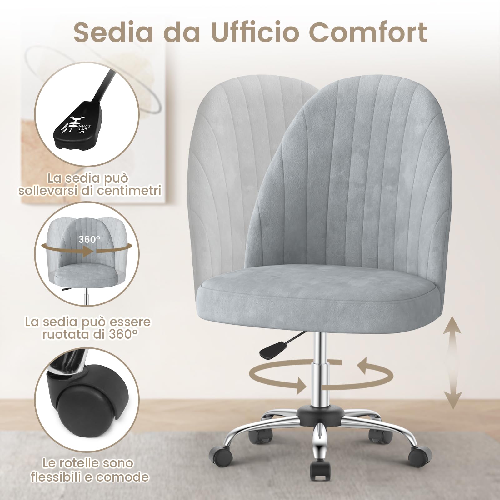 naspaluro Sedia da Ufficio Sedia Vanity, Sedia da Camera in Velluto, Sedie da Camera Senza Braccioli Con Ruote, Poltrona Scrivania per Casa,Sedie Morbida Regolabile in Altezza,per Camere Letto,Grigio