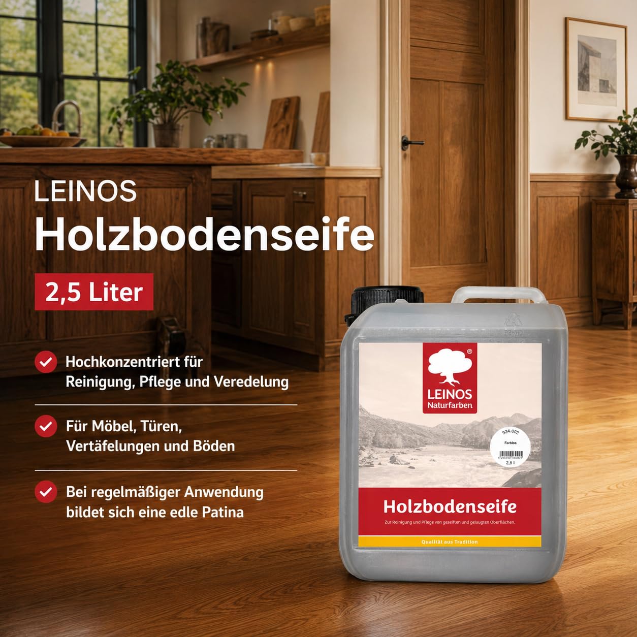 LEINOS Holzbodenseife 924 farblos 2,5 Liter– Erstbehandlung & Unterhaltsreinigung für gelaugte/geseifte Weichholzböden | rückfettend, hochkonzentriert | für Innenflächen
