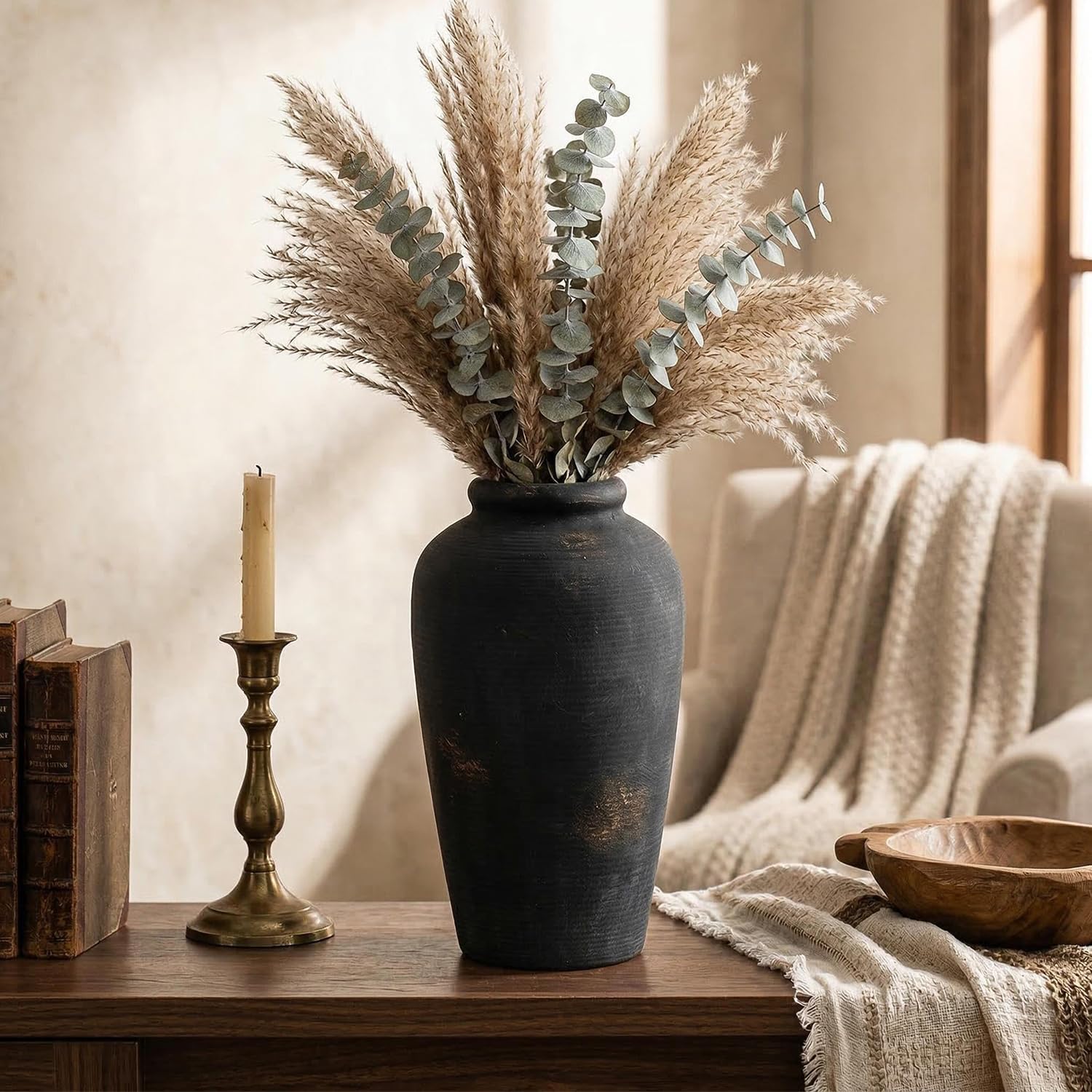 10.8 Inch Tall Vintage Ceramic Flower Vase,Rustic Farmhouse vase for Home Decor,Distressed Decorative Terracotta Vase for Table Entryway Mantel Centerpiece Bookshelf Living Room Bedroom (101-bronze)