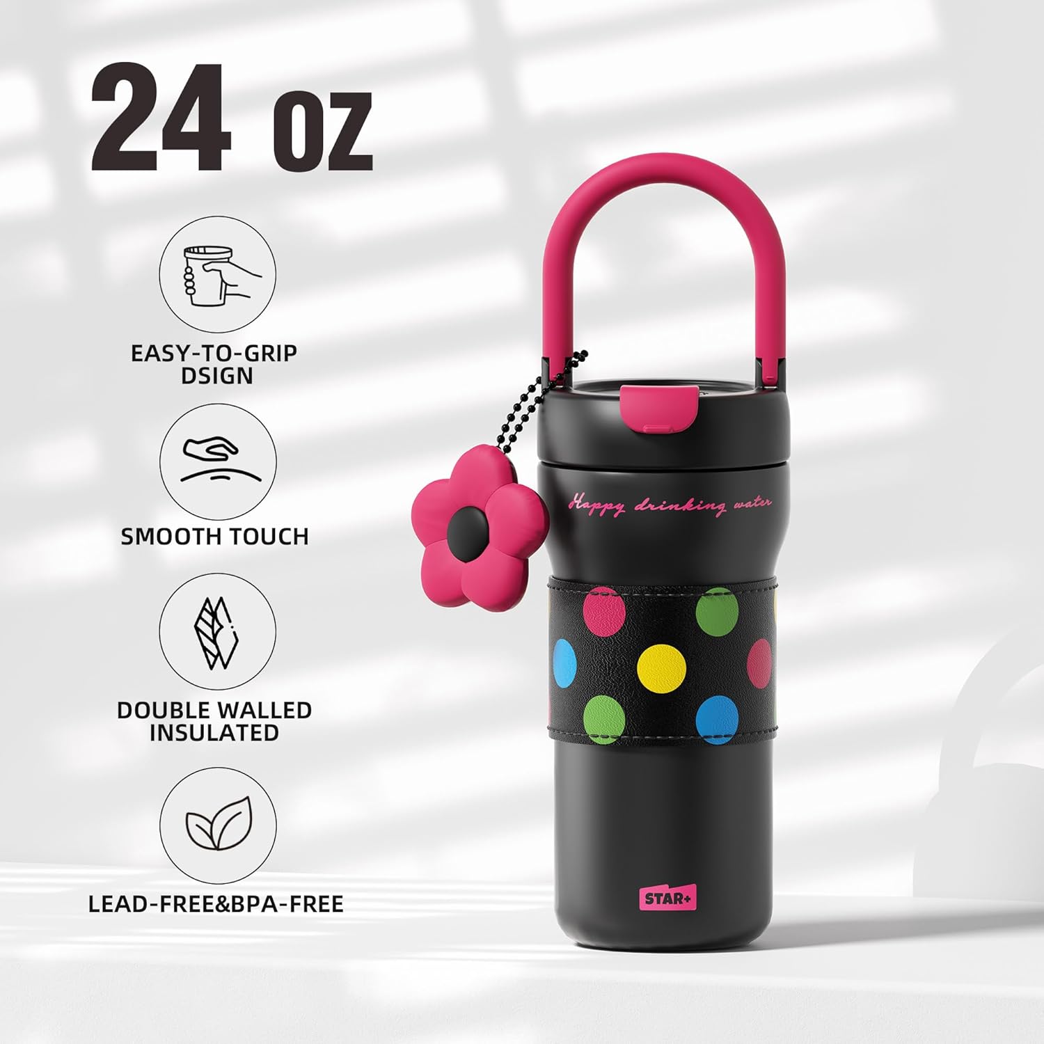 24 oz Insulated Tumbler Drinks Flask for Women, Stainless Steel Leak Proof Tumbler Portable Water Bottle Fits in Cup Holder Resuable Travel Coffee Mug- Polka Dot Black - Image 2