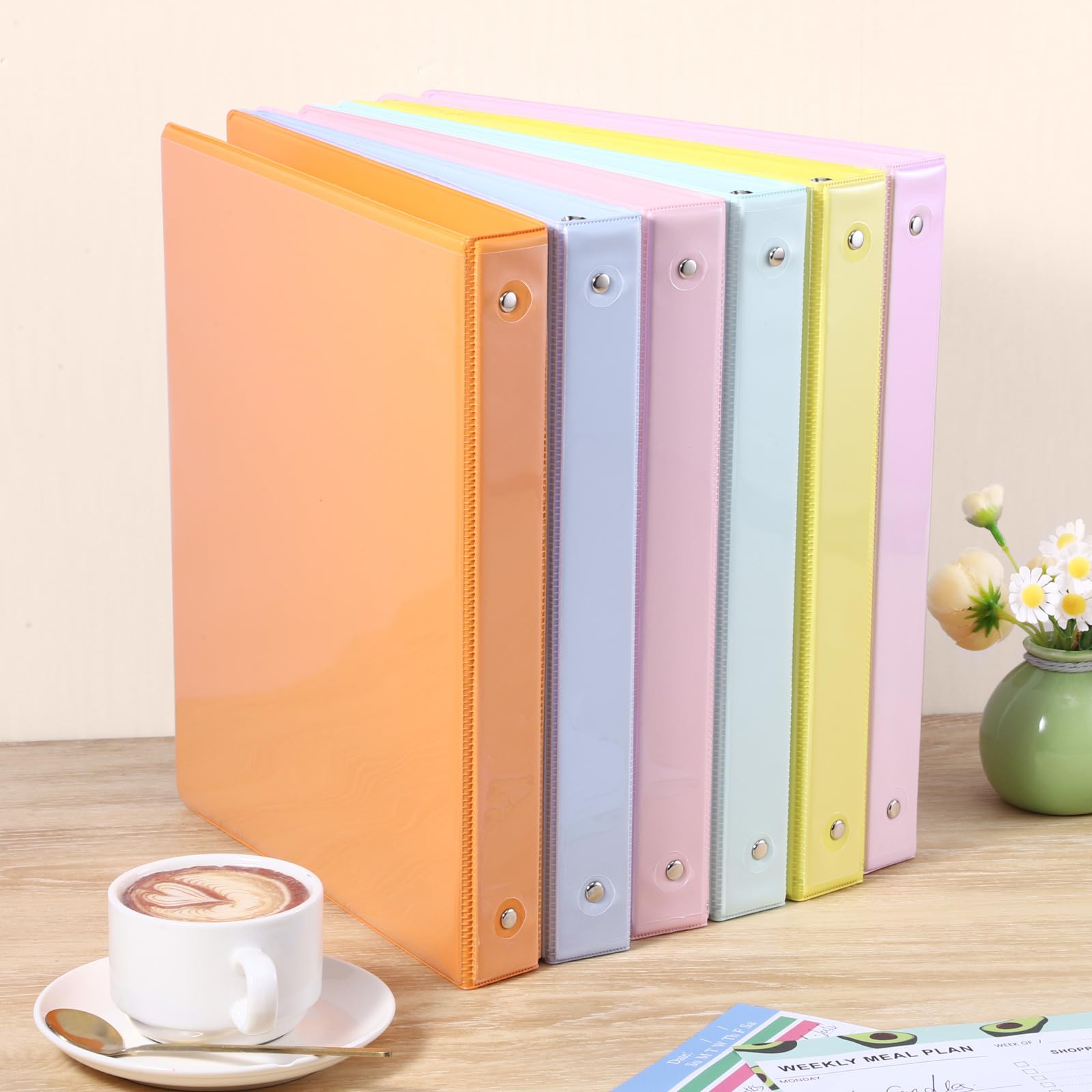 Lot de 6 classeurs à 3 anneaux de 2,5 cm avec 2 poches intérieures et superposition transparente, grande capacité, classeurs à anneaux ronds pour fournitures de bureau, école et la maison (6 couleurs)