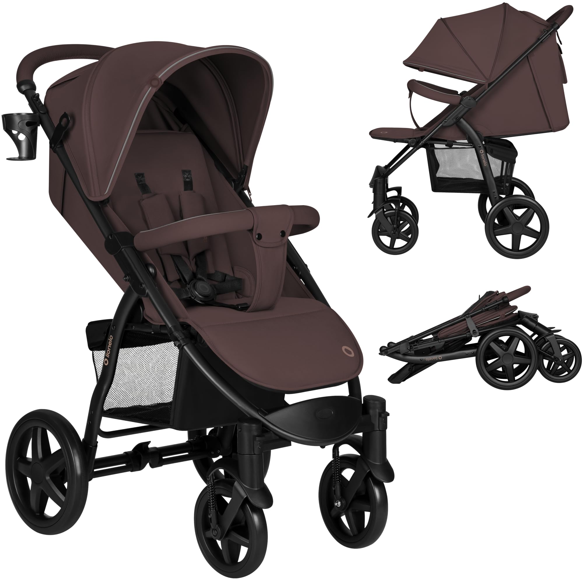 LIONELO Annet passeggino leggero pieghevole grigio regorabile con posizione sdraiata con ruote EVA cappottina XXL con zanzariera coprigambe portabibite fino 22 kg