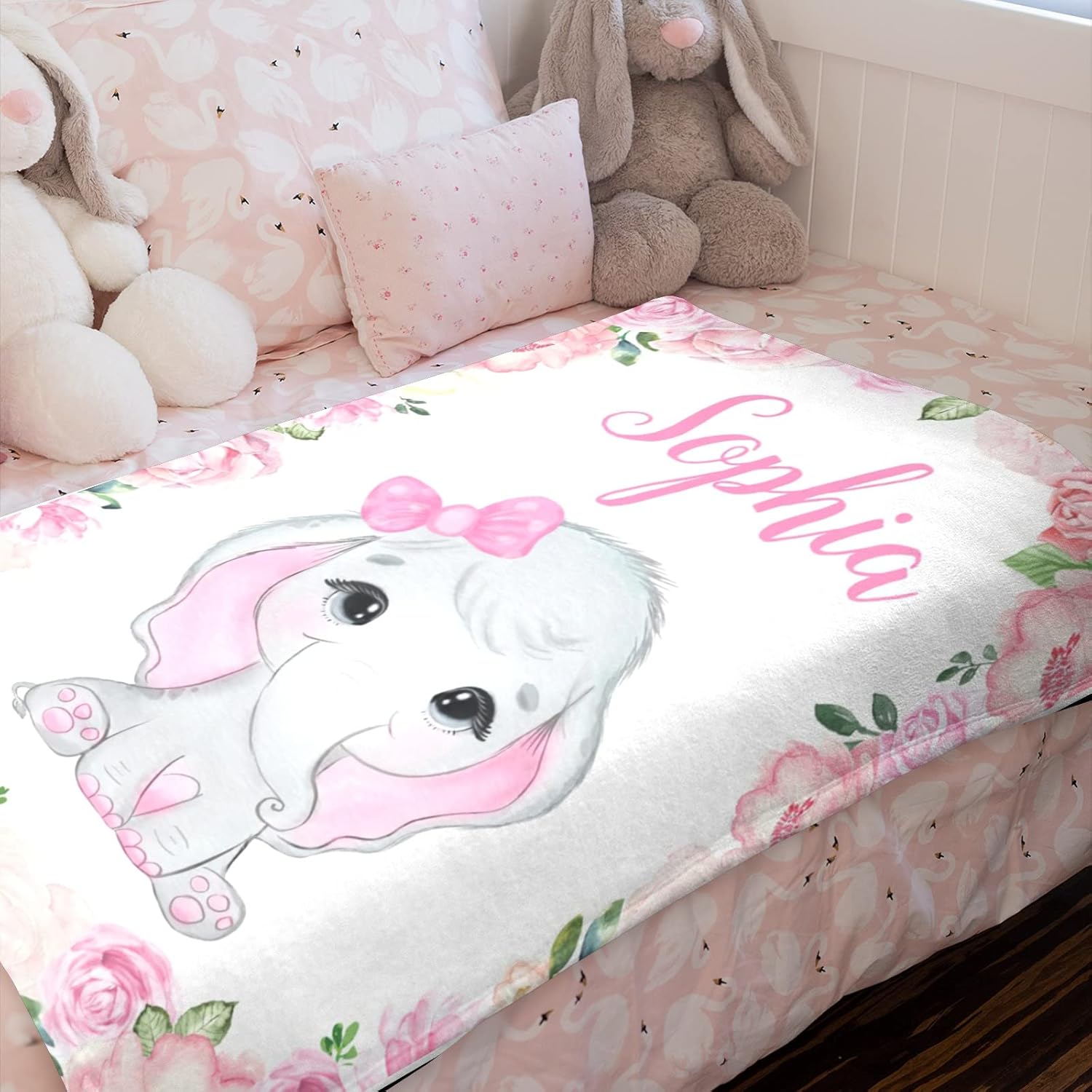 CADE Custom Baby Blanket for Girls Personalized Baby Blanket with Name Elephant Blankets with Pink Floral Soft Warm Blanket for Baby Shower Nursery Baby Essentials - 60x80 inch