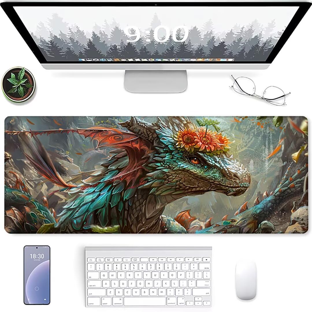 Excel Shortcut-Tasten-Mauspad - erweitertes großes 1200 x 600mm XL-Spickzettel-Gaming-Mauspad | PC-Büro-Tabellenkalkulation-Tastaturmatte | rutschfeste genähte Kante GrüN Drachen