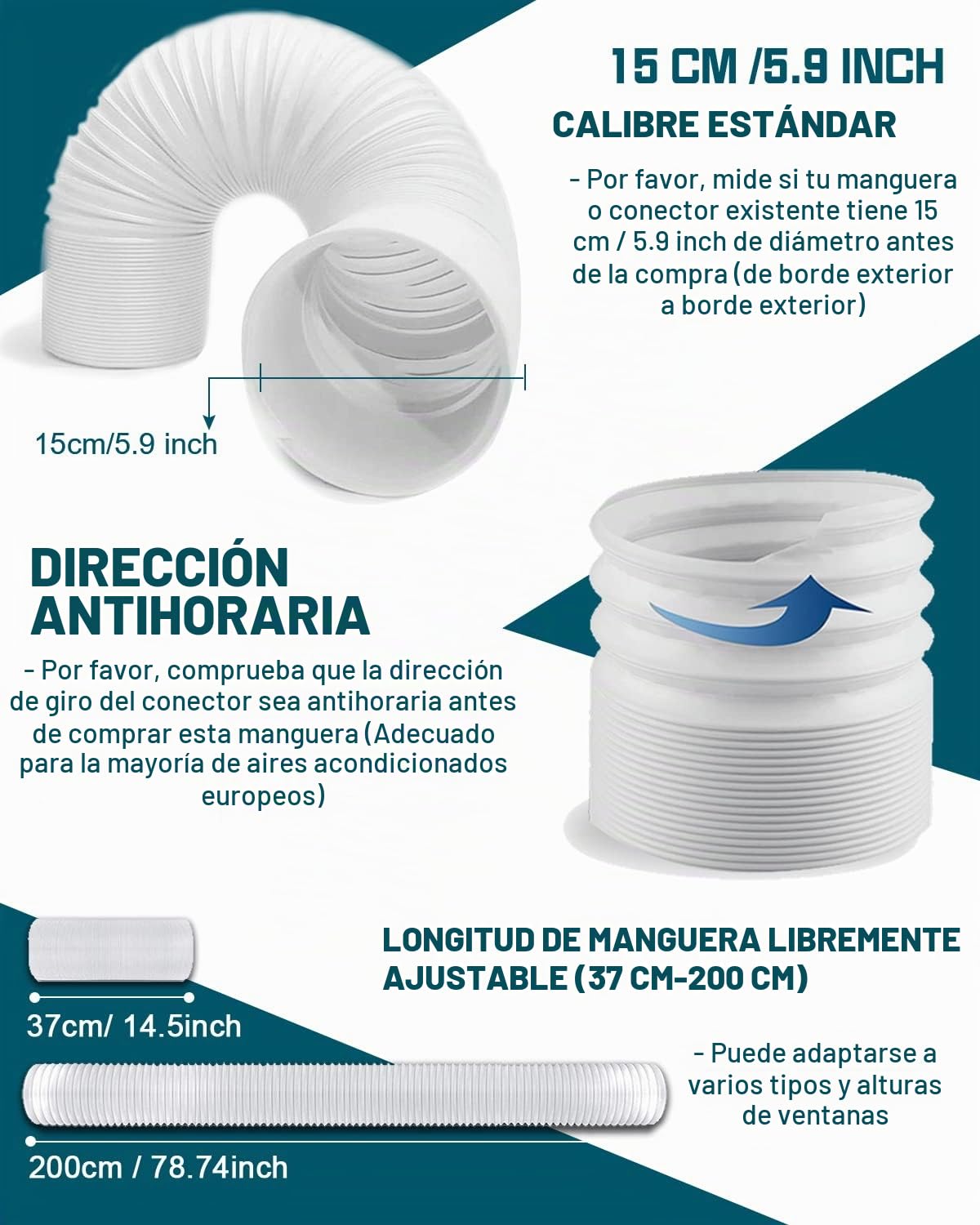 TOPOWN Tubo Aire Acondicionado Portátil, Manguera Aire Acondicionado Portátil de 5,9" / 15cm de Diámetro y 200cm de Largo, Tubo Flexible para Salida de Aire Acondicionado