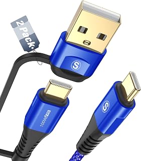 2 in 1 USB C Cable Fast Charge 100W [2Pack 6.6ft], Sweguard USB-A/C to C 5.0A Nylon Braided Cable Compatible with Galaxy S22 S10 Plus A53 A52 A71 A32, Note 10 9 8, iphone15，Pixel, LG, MacBook Pro-Blue