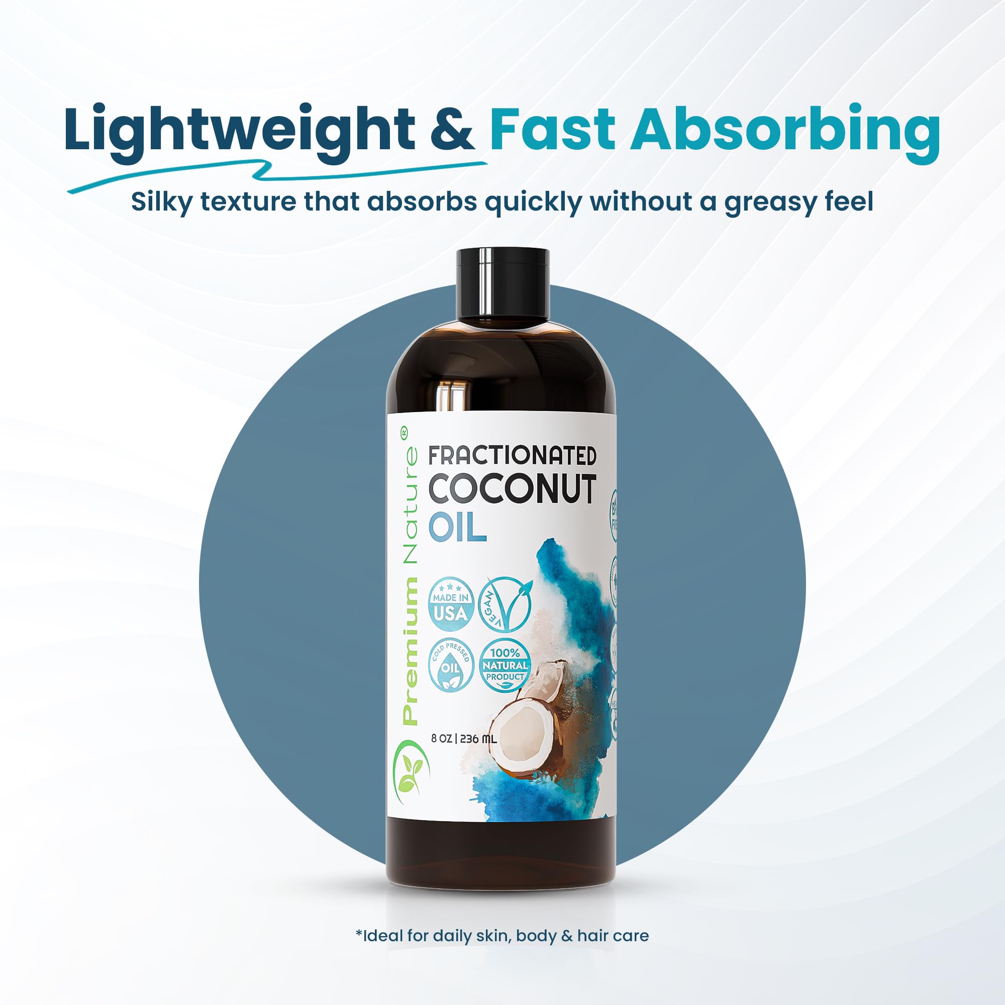 Olio di cocco frazionato 226,8 g - Olio di cocco liquido puro al 100%, leggero, inodore e incolore per pelle, capelli, massaggi, bellezza fai da te e miscelazione di oli essenziali